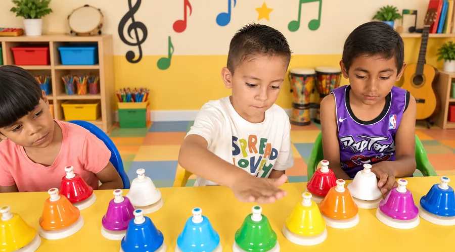 Niñas y niños explorando campanas de colores
