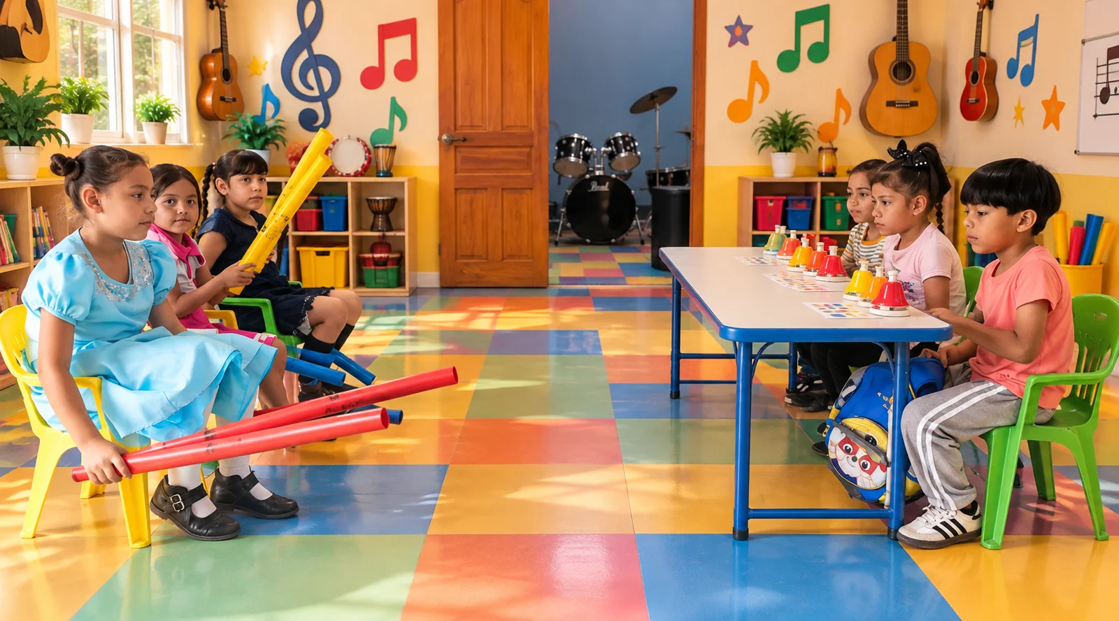 Actividad musical con tubos de colores y campanas en el aula